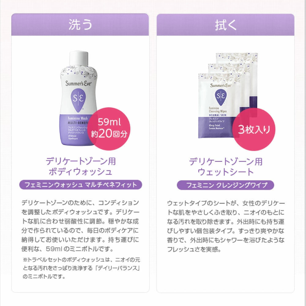 トラベルセット フェミニンウォッシュ マルチベネフィット デイリーバランス59ml ミニボトル とフェミニンクレンジングワイプ 3枚のセット デリケートゾーン用ボディソープ デリケートゾーンの臭い 黒ずみ かゆみ 乾燥 summerseve デリケートゾーンケア